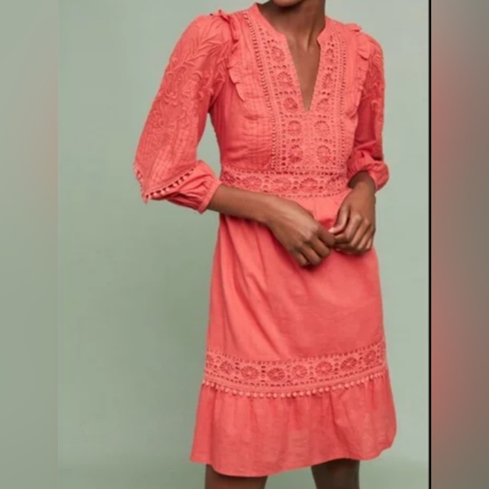 Anthropologie Coral Lace-Trim Mini Dress